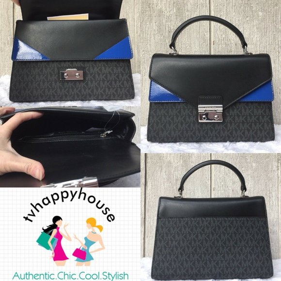 NEW Authentic Michael Kors Sloan Medium Double Flap Leather Satchel Black Blue - Picture 12 of 12